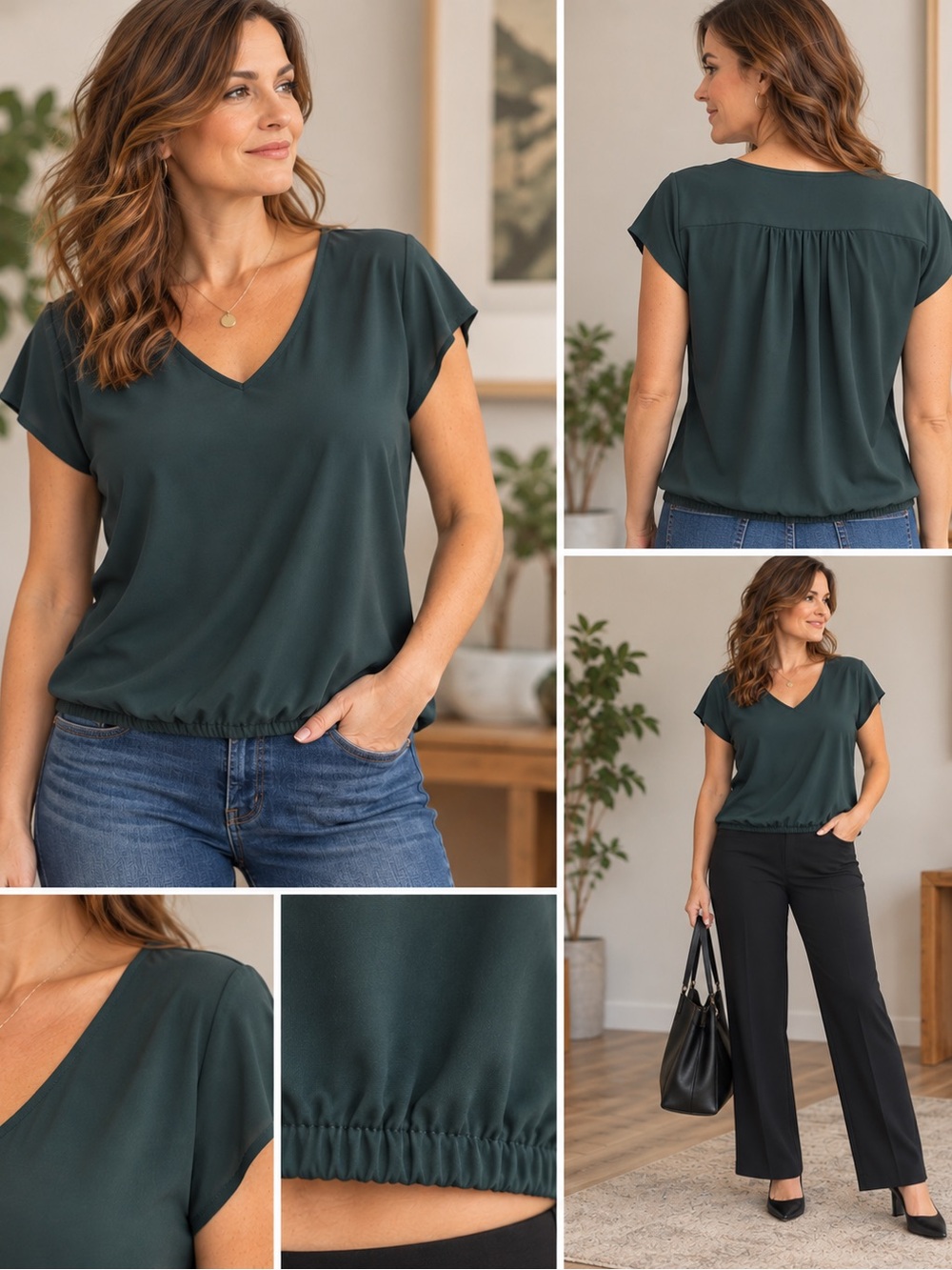 Reitmans Dark Green V-Neck Cap Sleeve Blouson Top